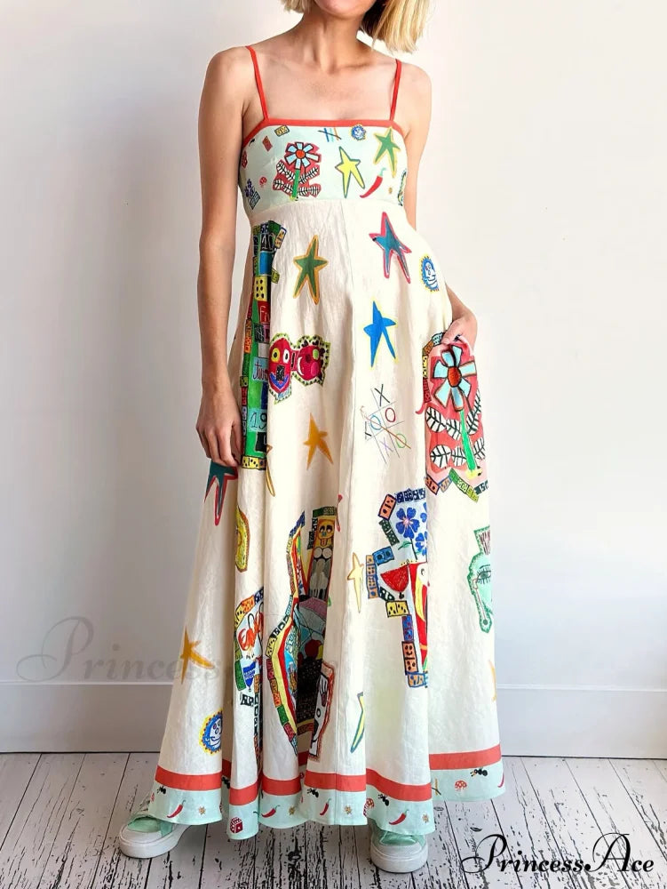 Unique Graffiti Print Suspenders Graceful Long Swing Midi Dress Dresses