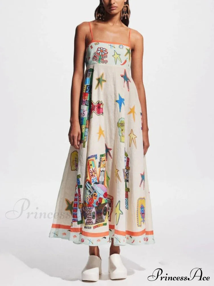 Unique Graffiti Print Suspenders Graceful Long Swing Midi Dress Dresses