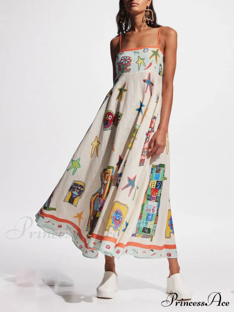 Unique Graffiti Print Suspenders Graceful Long Swing Midi Dress White / S Dresses