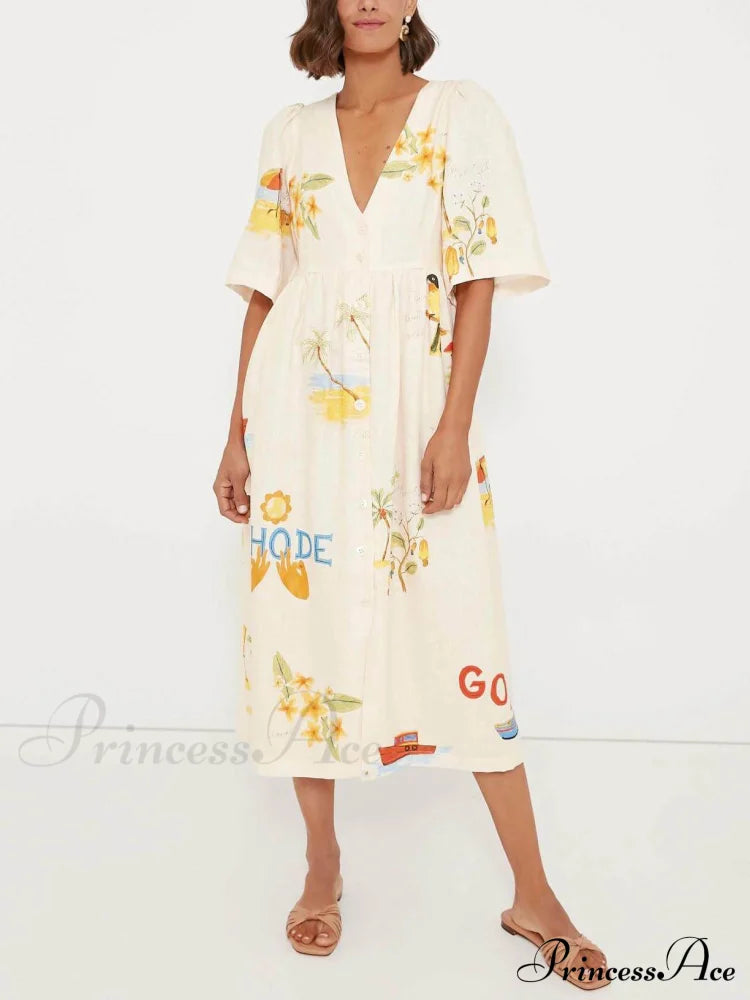 Unique Holiday Folk Floral Graceful Print Puff Sleeve Midi Dress Dresses