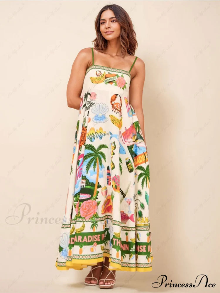 Unique Holiday Print Smocked Graceful Back Pocket Maxi Dress Multicolor / S Dresses