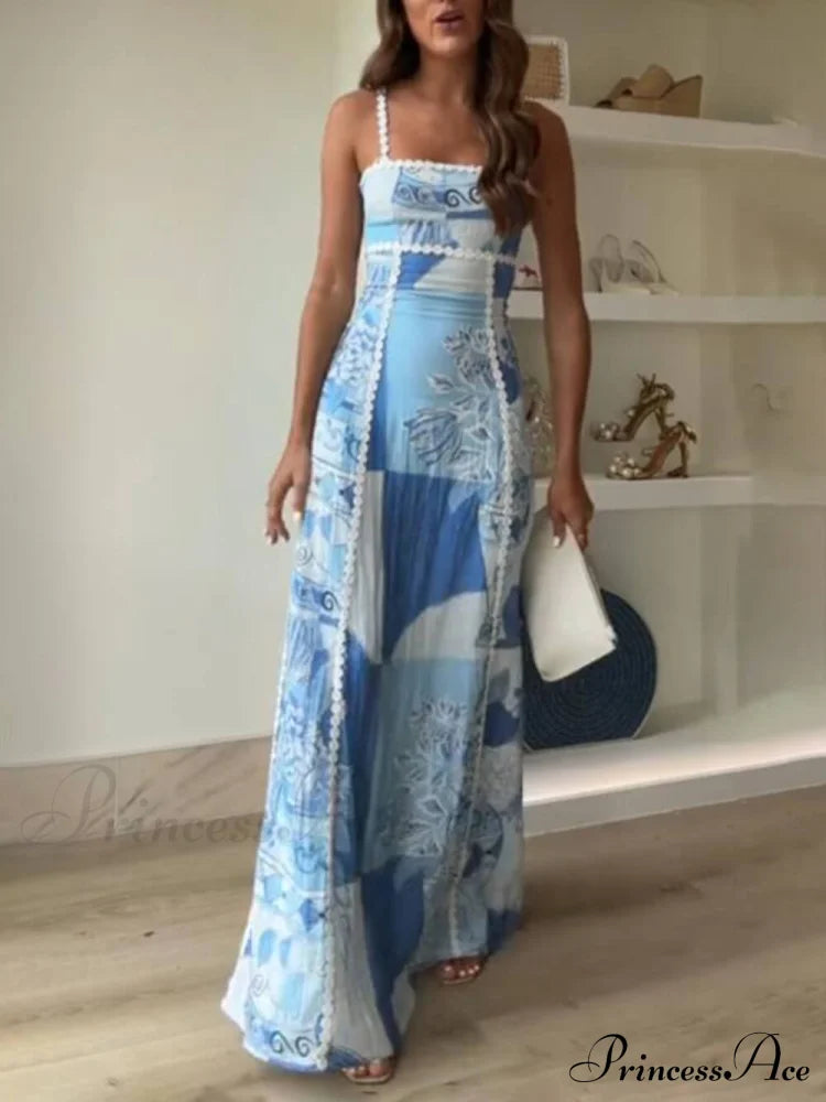 Unique Lace Patchwork Printed Back Trendy Tie Halter Flare Maxi Dresses