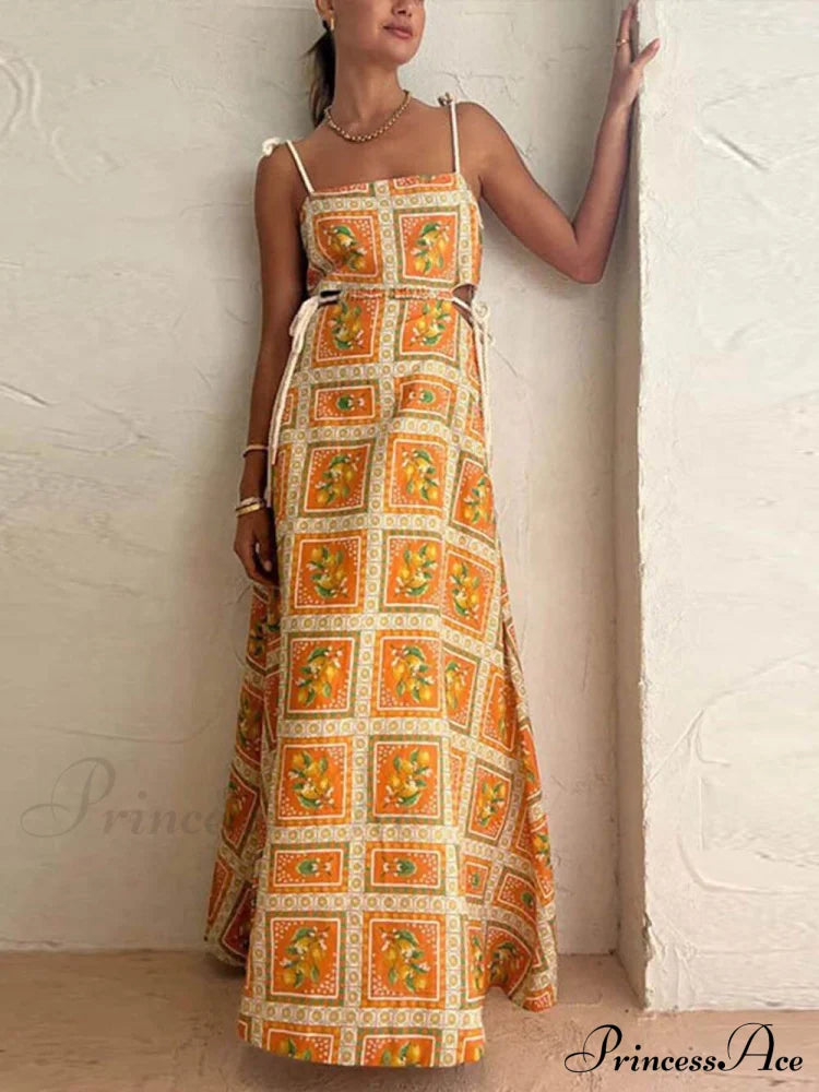 Unique Lemon Stylish Print Strappy Dress Yellow / S Dresses