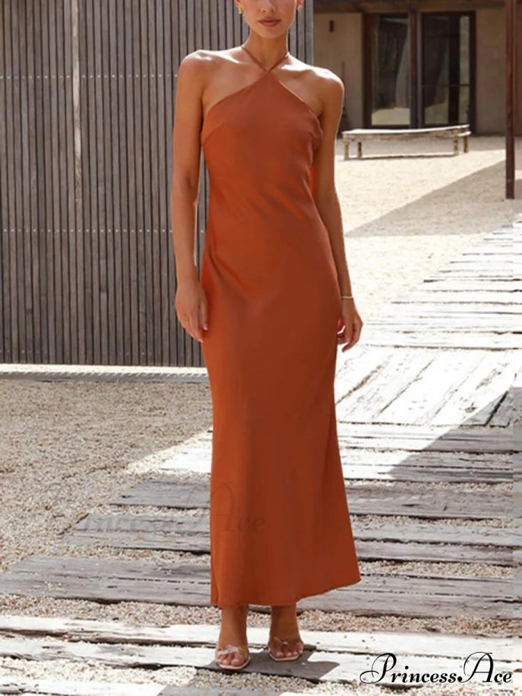 Unique Neckless Stylish Backless Maxi Dresses Brown / S