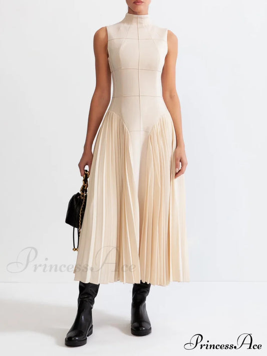 Unique Pleated Paneled Charming Sleeveless Midi Dress Nude / S Dresses