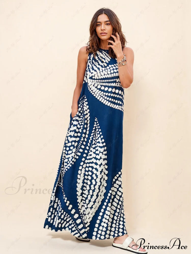 Unique Polka Dot Print Graceful One Shoulder Pocketed Maxi Dress Blue / S Dresses