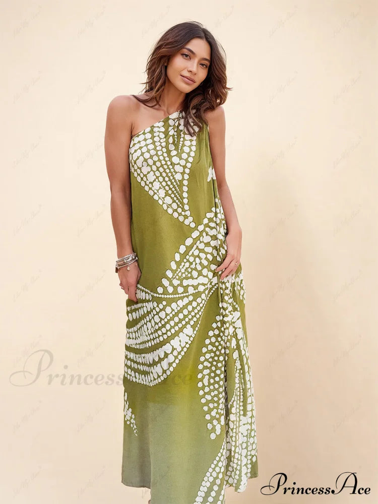 Unique Polka Dot Print Graceful One Shoulder Pocketed Maxi Dress Dresses