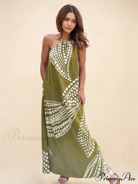 Unique Polka Dot Print Graceful One Shoulder Pocketed Maxi Dress Green / S Dresses