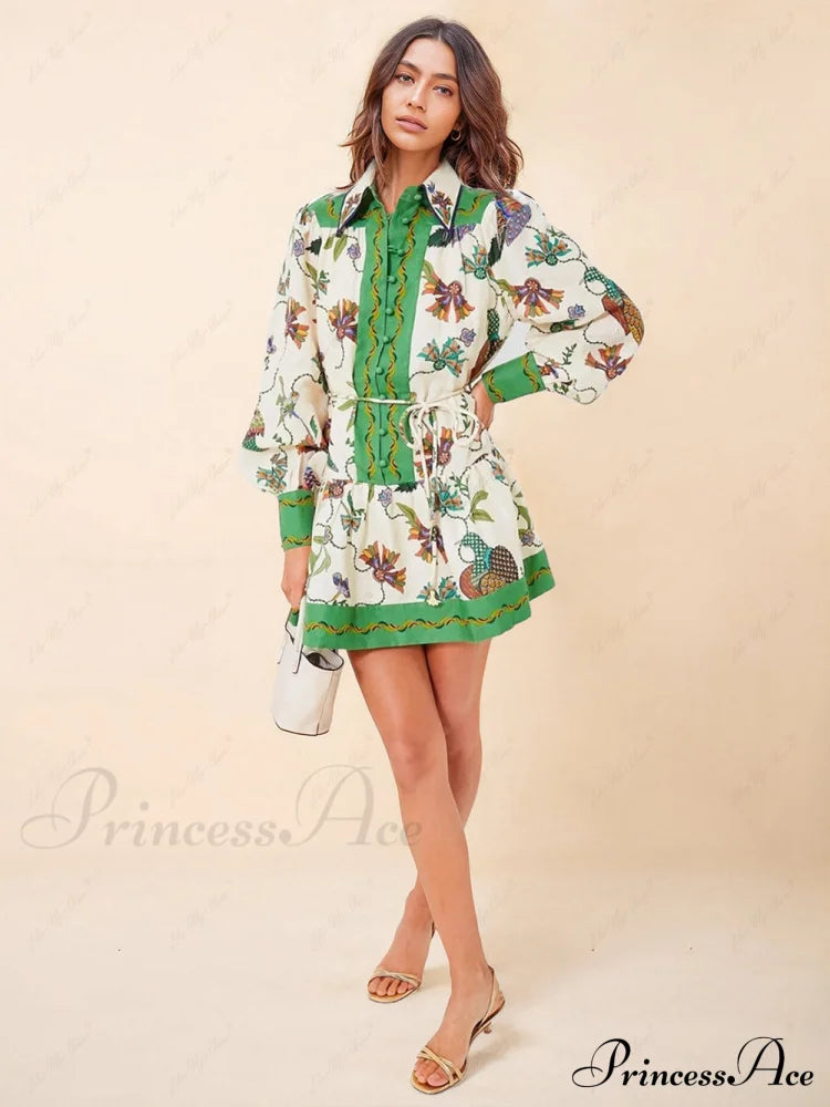 Unique Print Color Match Graceful Balloon Sleeve Shirt Mini Dress Dresses