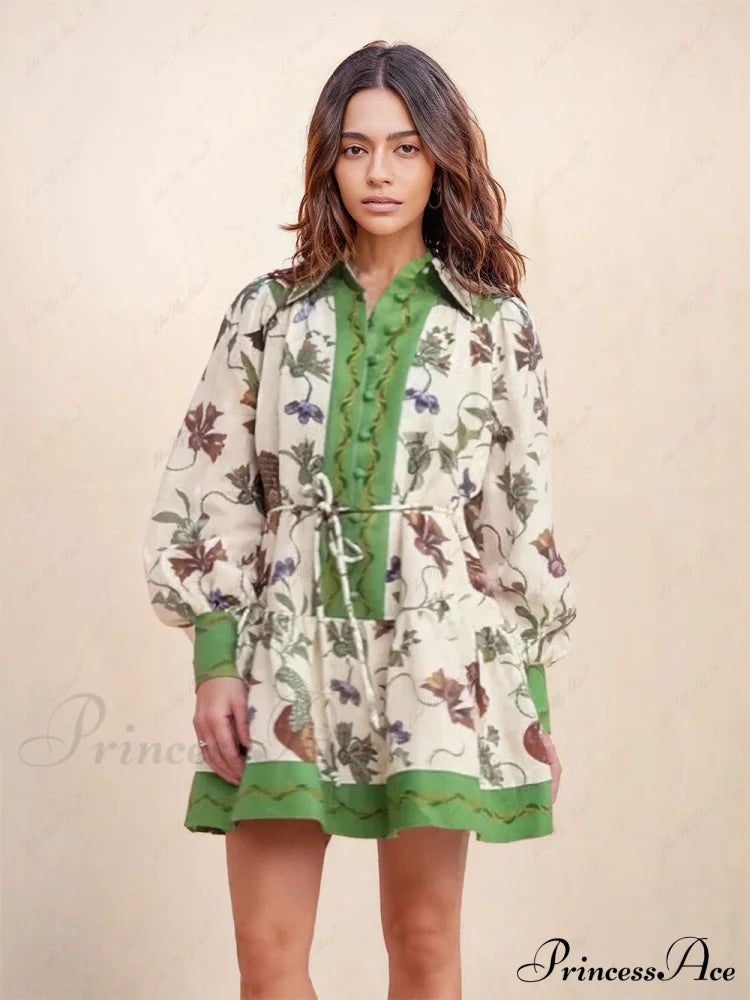 Unique Print Color Match Graceful Balloon Sleeve Shirt Mini Dress Green / S Dresses