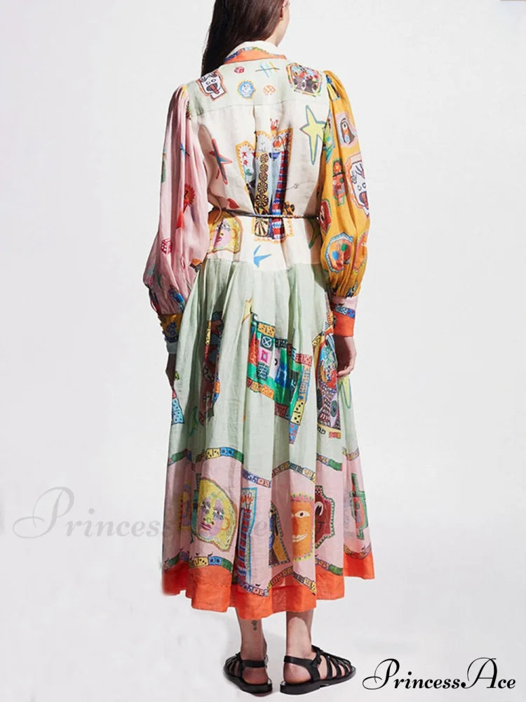 Unique Print Colorblock Balloon Graceful Sleeve Belt Shirt Midi Dress Dresses