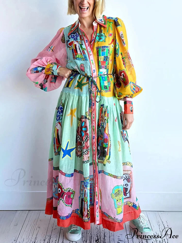 Unique Print Colorblock Balloon Graceful Sleeve Belt Shirt Midi Dress Dresses