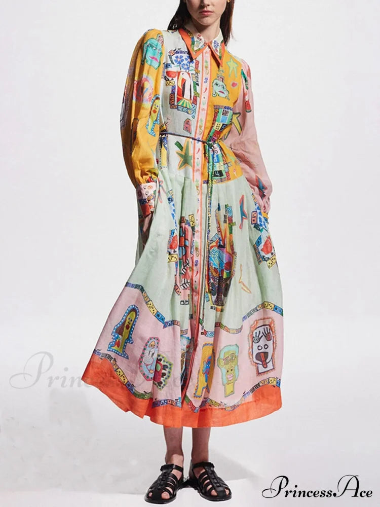 Unique Print Colorblock Balloon Graceful Sleeve Belt Shirt Midi Dress Multicolor / S Dresses