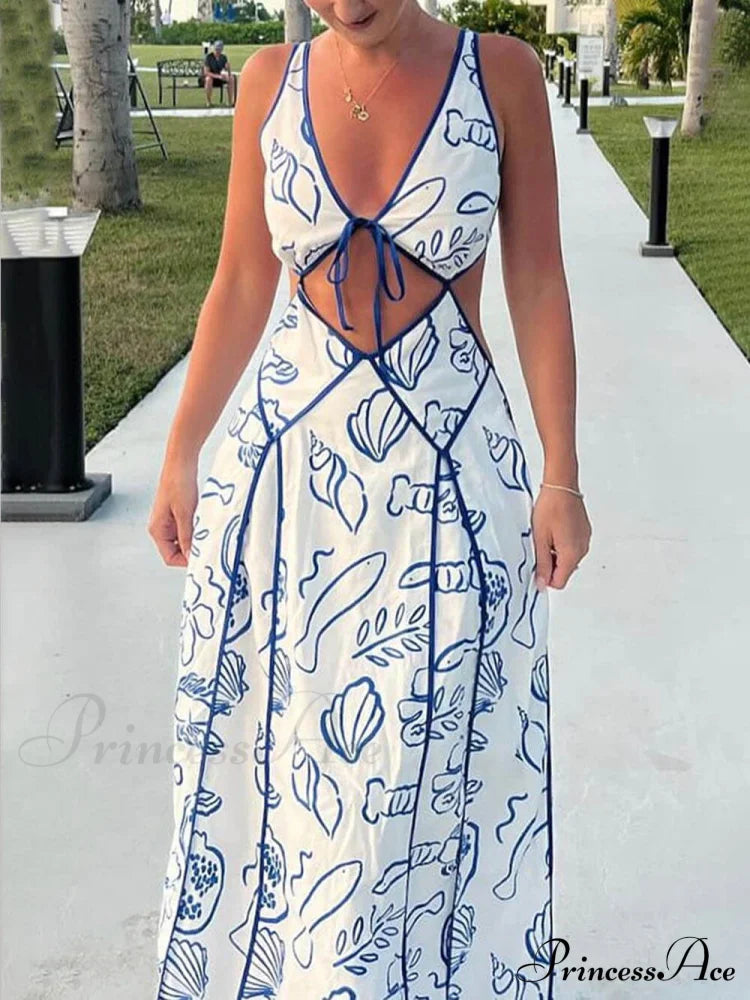 Unique Print Cutout Charming Tie-Up Backless Maxi Dress Blue / S Dresses