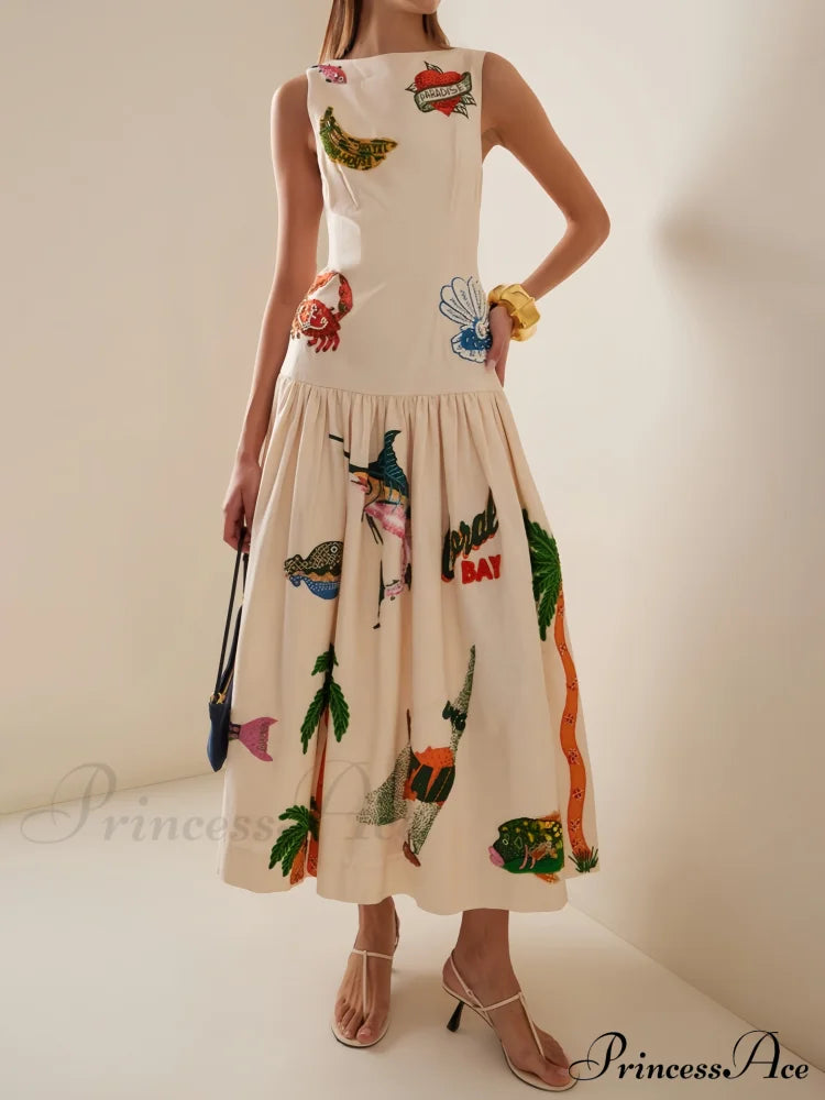 Unique Print Stylish Ocean Midi Dress Apricot / S Dresses