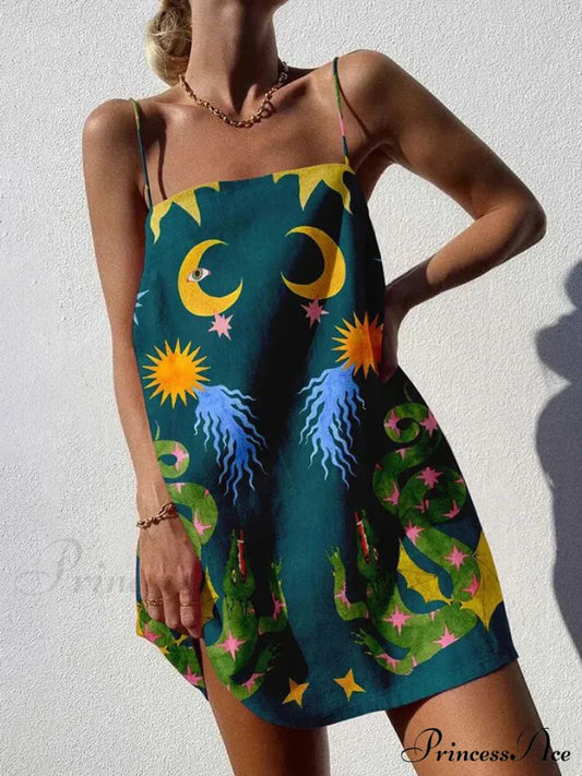 Unique Printed Spaghetti Charming Strap Backless Mini Dress Dark Green / S Dresses