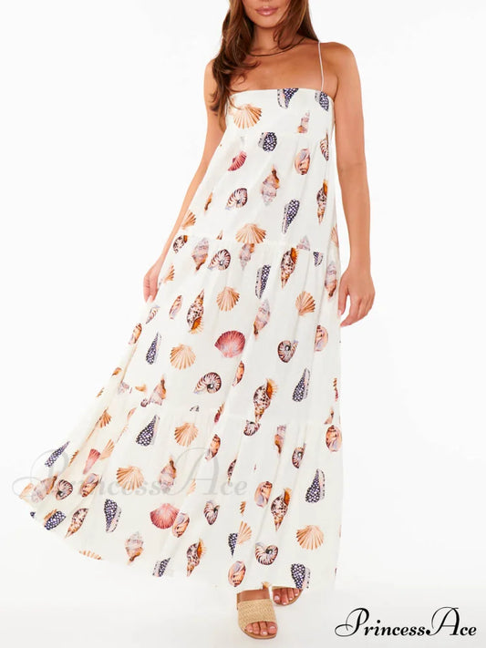 Unique Shell Conch Print Graceful Pleated Pockets Lightweight Maxi Dress Dresses