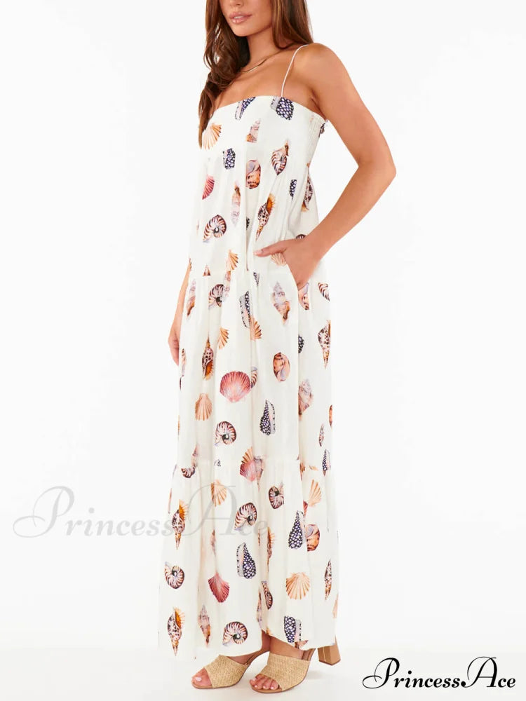 Unique Shell Conch Print Graceful Pleated Pockets Lightweight Maxi Dress Dresses