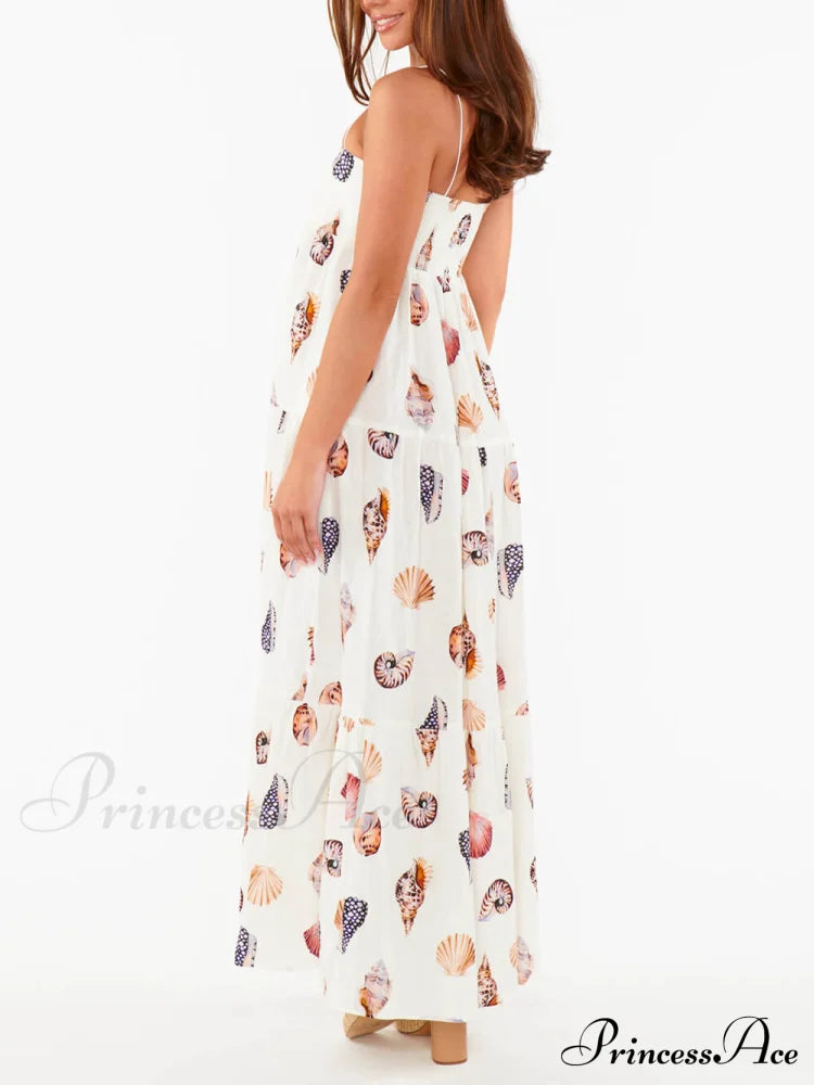 Unique Shell Conch Print Graceful Pleated Pockets Lightweight Maxi Dress Dresses