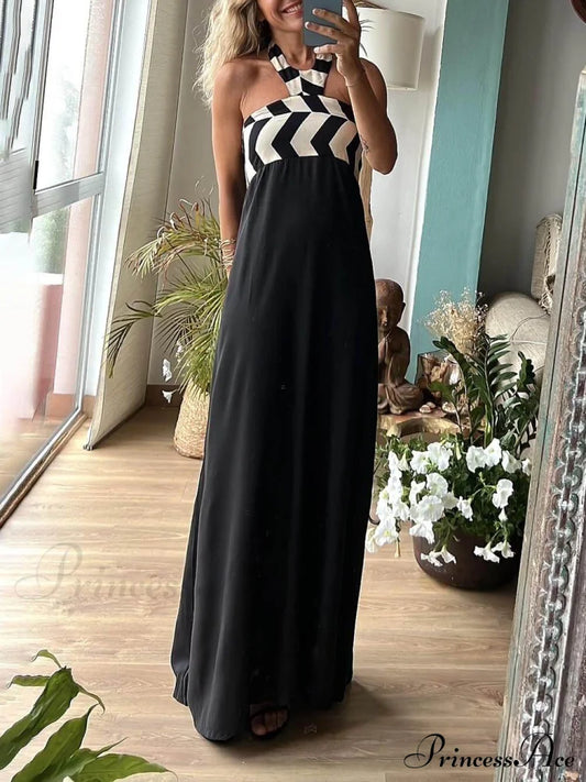 Unique Striped Print Charming Loose Halterneck Maxi Dress Black / S Dresses