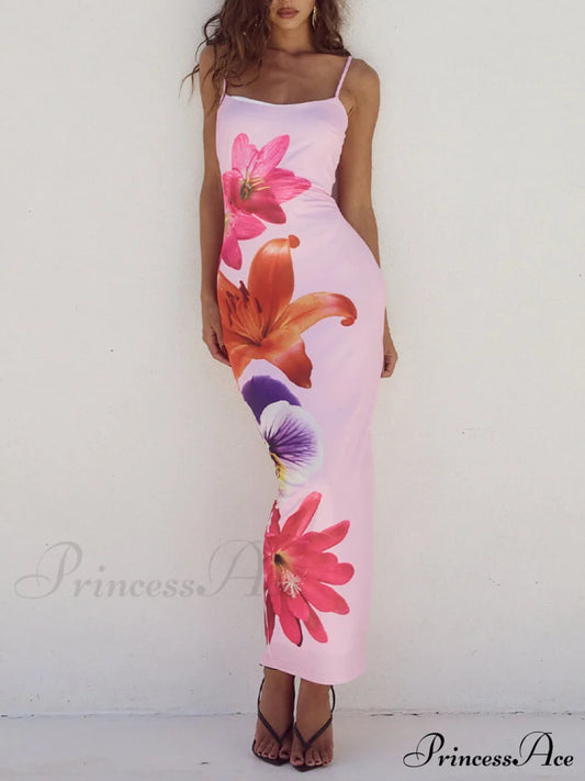 Unique Violet Floral Charming Print Strap Midi Dress Pink / S Dresses