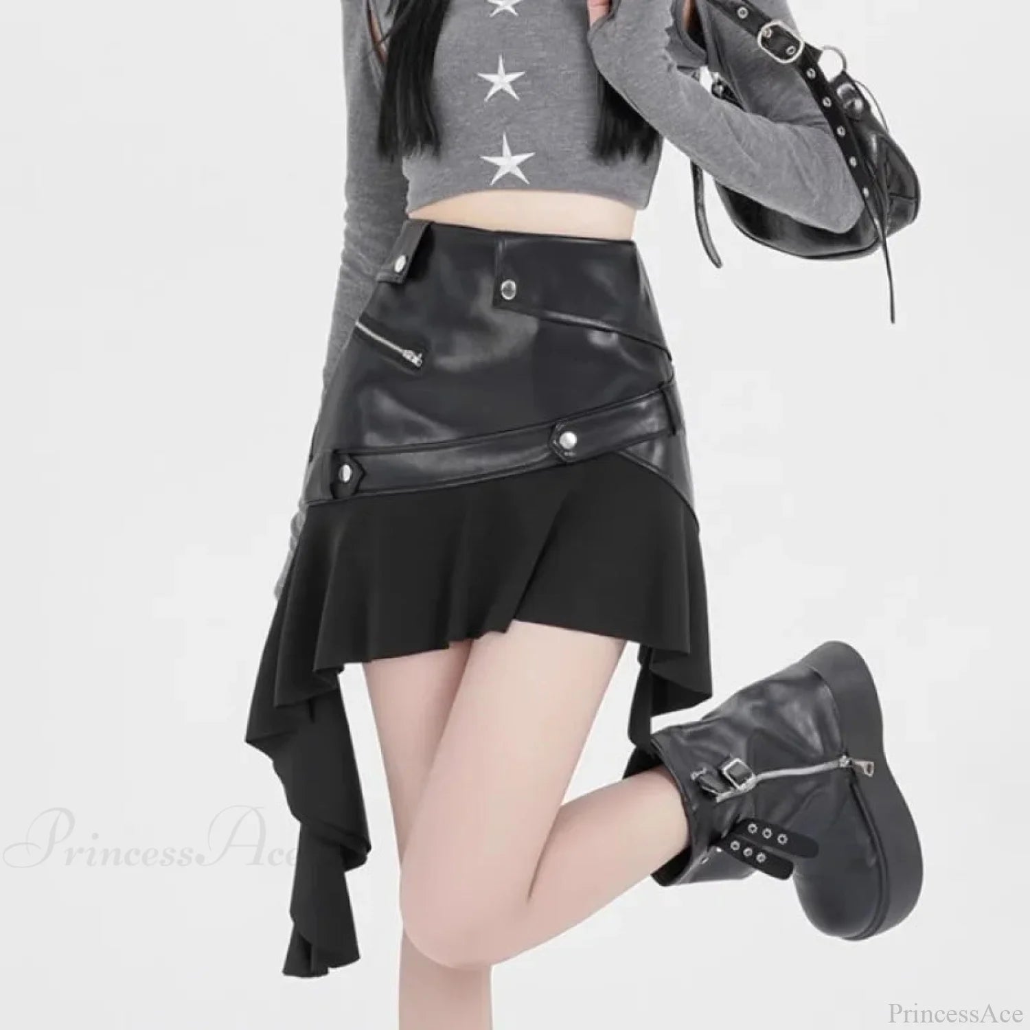 Unpredictable Synthetic Leather Frill Skirt Khaki / S