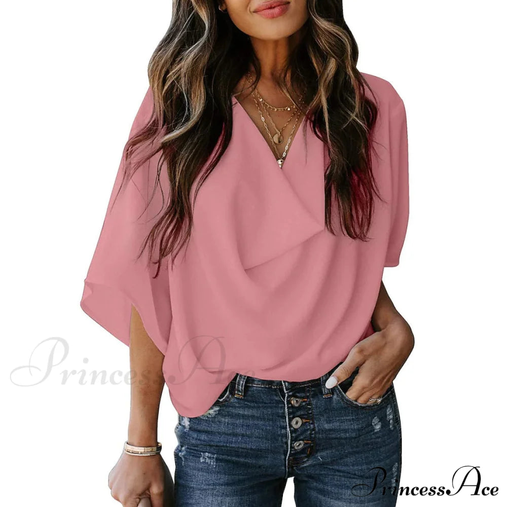 Women's Blouse Plain V Neck Basic Tops Pink __stock:200 clothes refund_fee:1200 tops