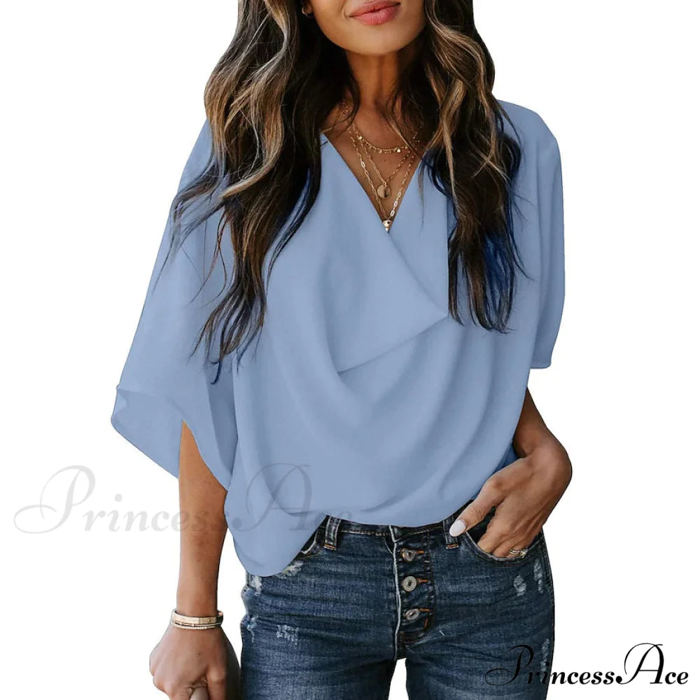 Women's Blouse Plain V Neck Basic Tops Sky Blue __stock:200 clothes refund_fee:1200 tops