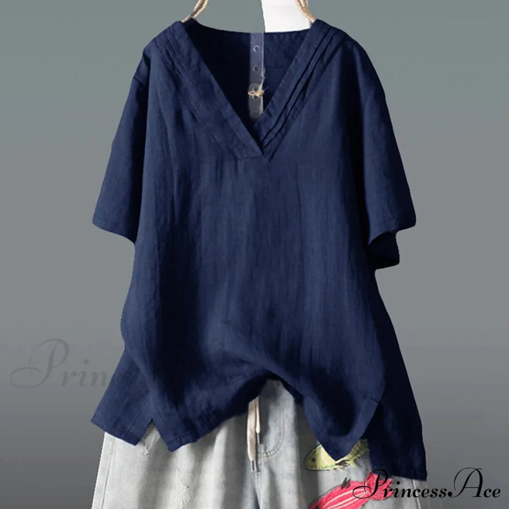 Women's Solid Half Sleeve V Neck Shirt Top Blue __stock:200 clothes refund_fee:1200 tops