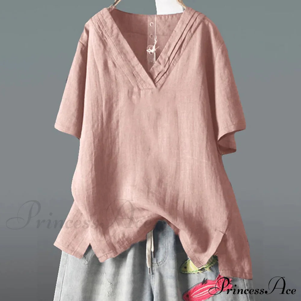 Women's Solid Half Sleeve V Neck Shirt Top Pink __stock:200 clothes refund_fee:1200 tops