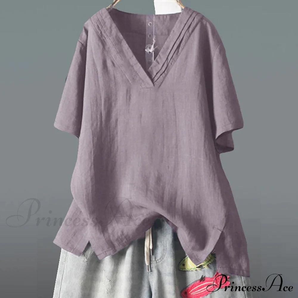 Women's Solid Half Sleeve V Neck Shirt Top Purple __stock:200 clothes refund_fee:1200 tops