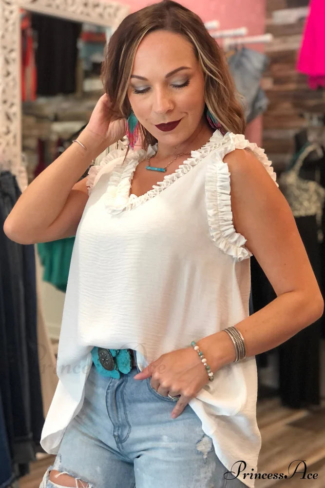 V In Trim Tank Neck Frilled Top Beige Tops