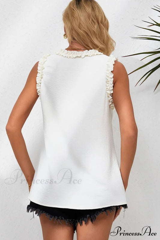 V In Trim Tank Neck Frilled Top Beige Tops