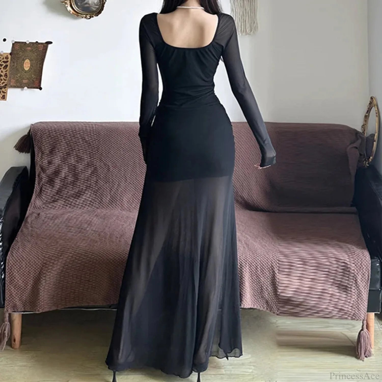 V-Neck Asymmetrical Hem Gothic Full-Length Dress