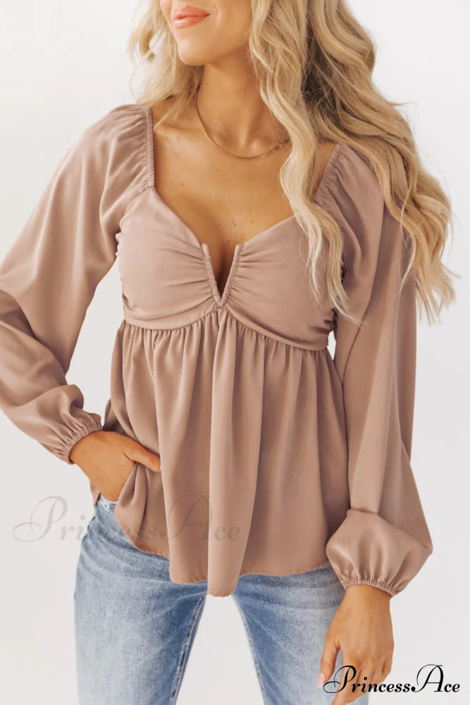 V-Neck Back Smocked Peplum Blouse In Orange Tops