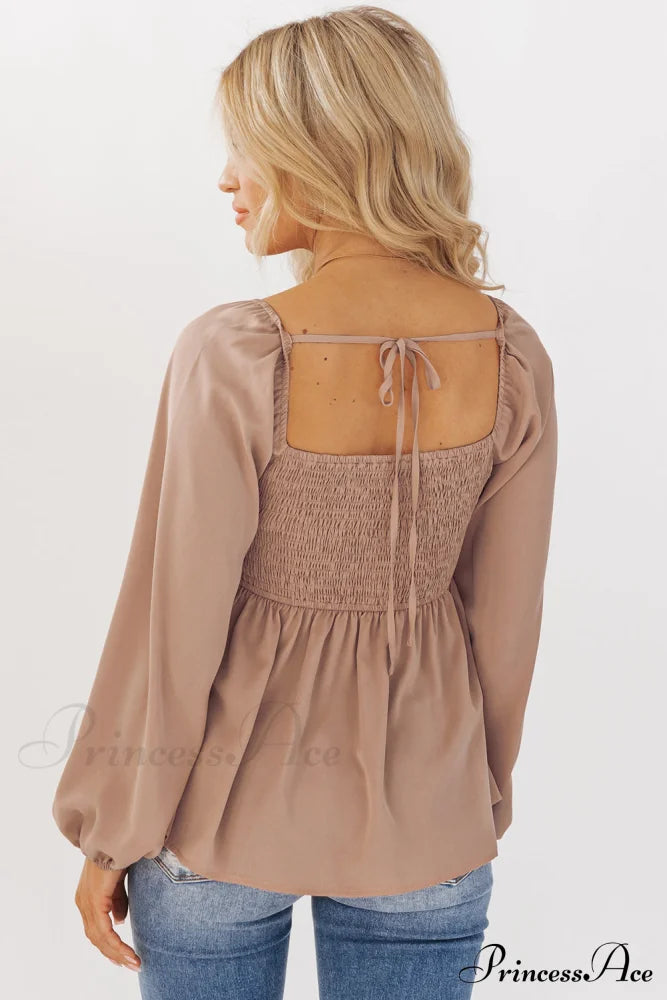 V-Neck Back Smocked Peplum Blouse In Orange Tops