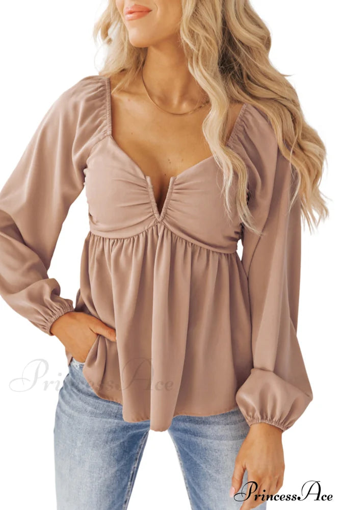 V-Neck Back Smocked Peplum Blouse In Orange Tops