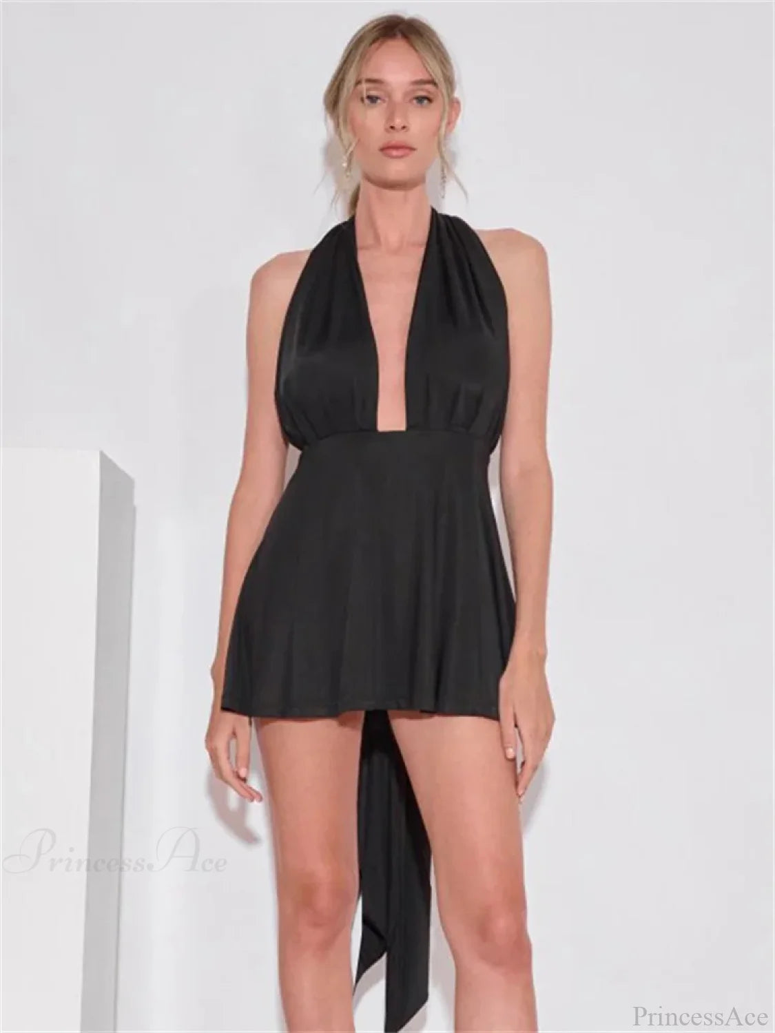 V-Neck Backless Bandage Mini Dress Black / S minidress-250223
