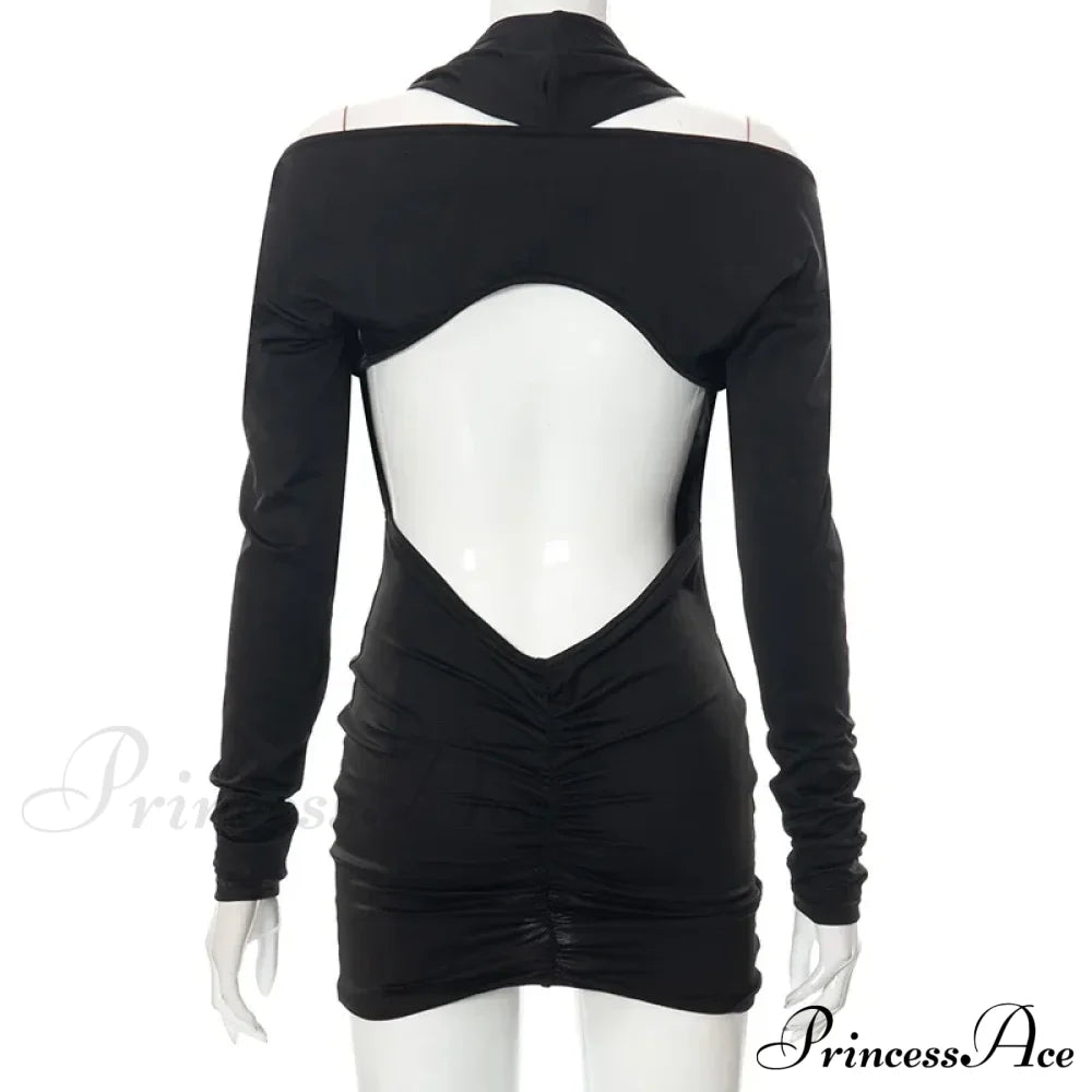 V Neck Black Backless Long Sleeve Mini Dress