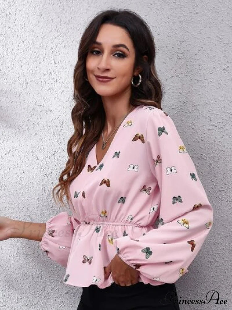 V-Neck Blouse Peplum With Balloon Butterfly Sleeves
