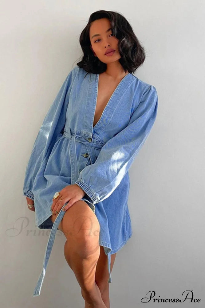 V Neck Button Front Lace Up Denim Dress Blue / L Mini Dresses