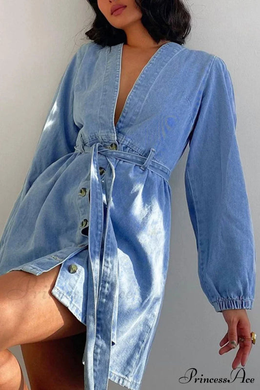 V Neck Button Front Lace Up Denim Dress Blue / S Mini Dresses