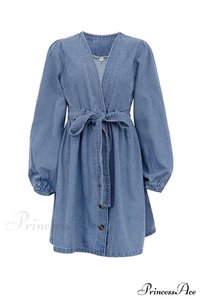 V Neck Button Front Lace Up Denim Dress Mini Dresses