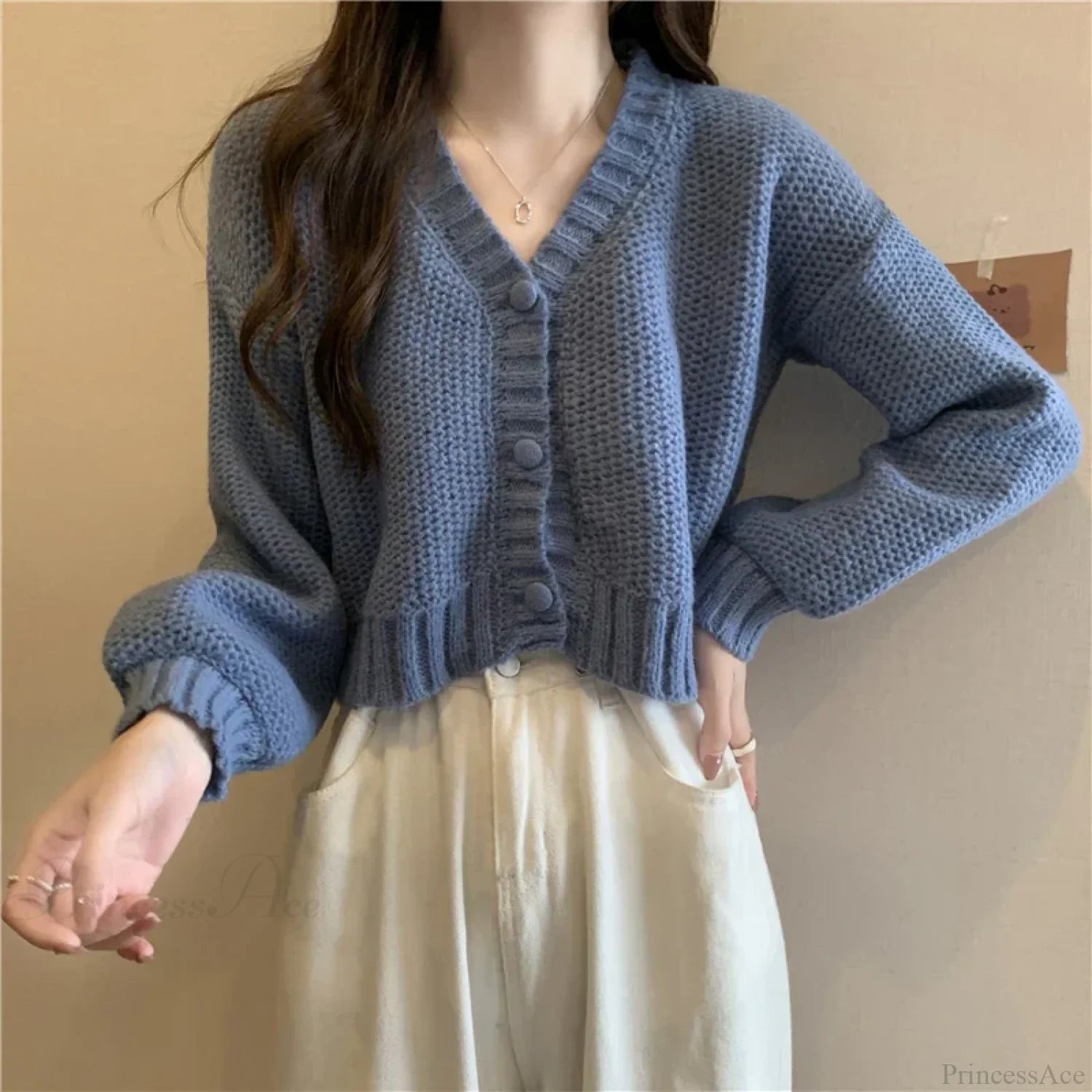 V-neck Button-Up Knit Cardigan BLUE / One Size