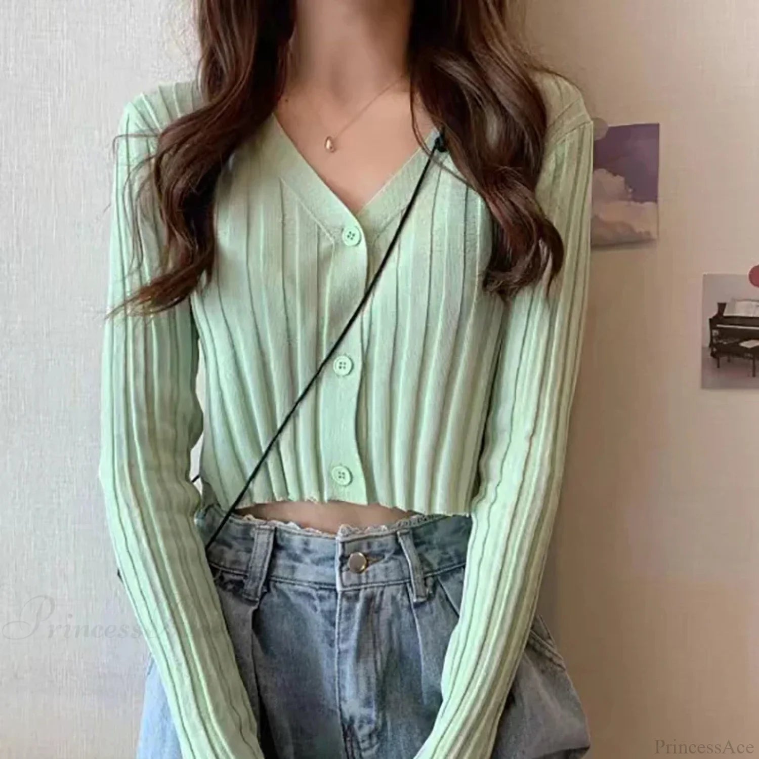 V-Neck Button-Up Slim Cropped Ribbed Knit Cardigan Green / One Size cardiagn-250126