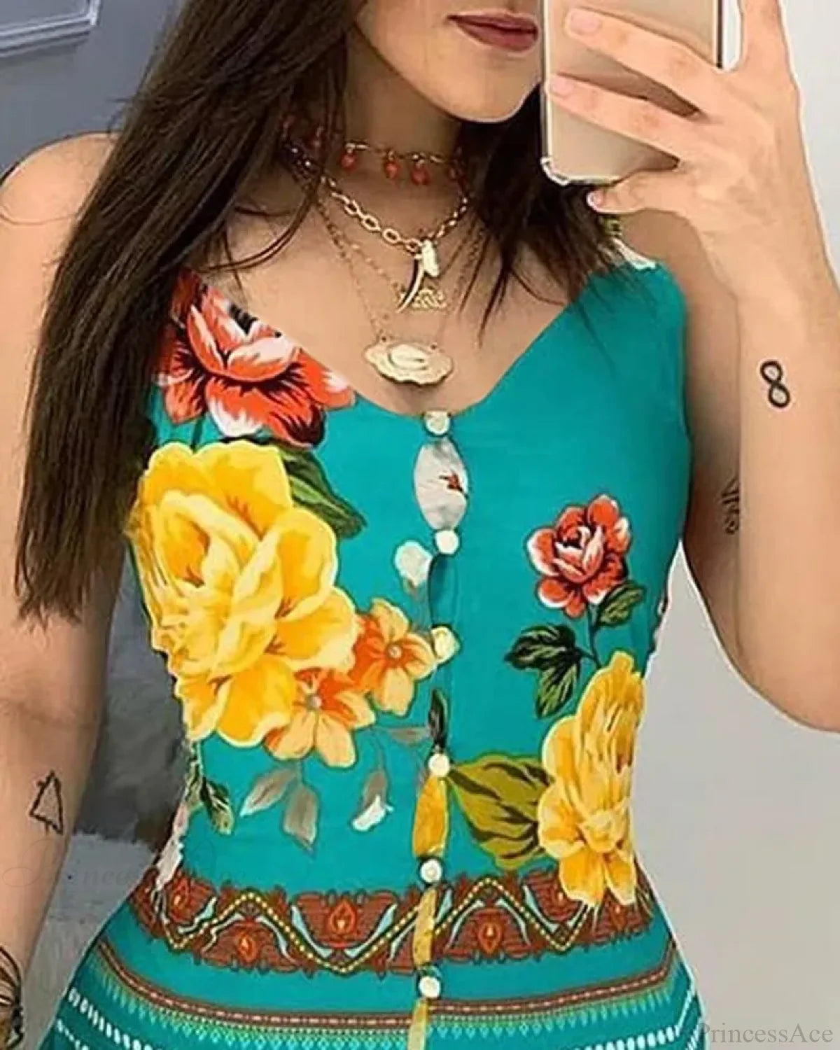 V-neck Buttoned Design Floral Print Dress oldfloraldress-250126