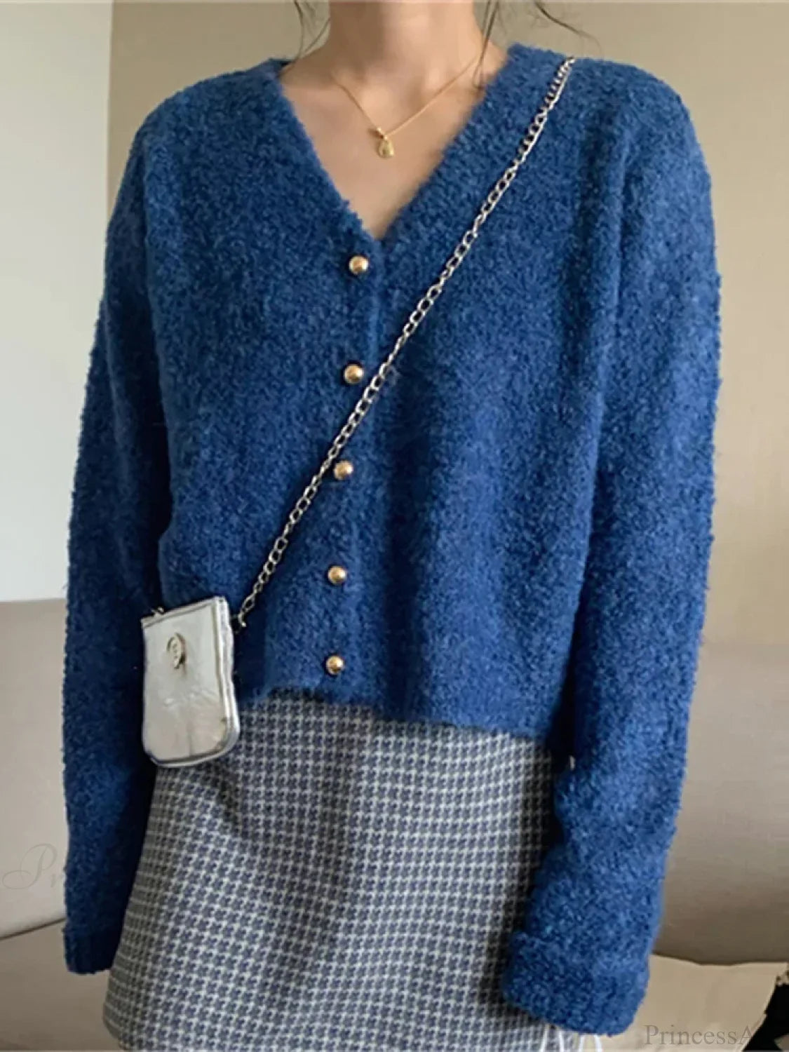 V-neck Cashmere Knit Cardigan Blue / One Size