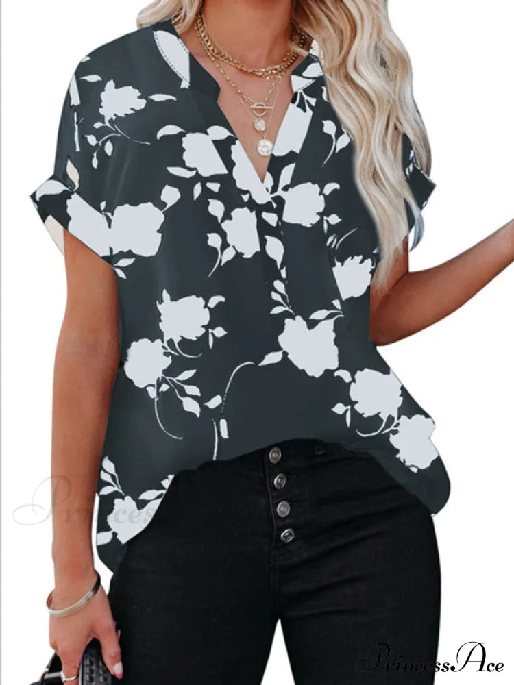 Women's New Floral Print Casual V-Neck Short Sleeve Shirt Black clothes shirt shirts short sleeve short sleeve shirt top tops