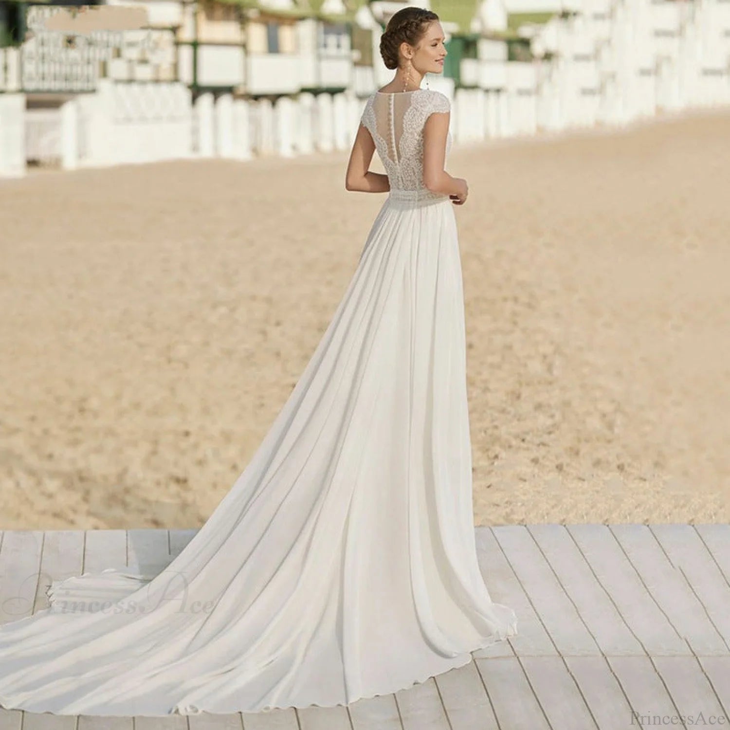 V-Neck Chiffon Long Train Wedding Dress weddingdress-250223