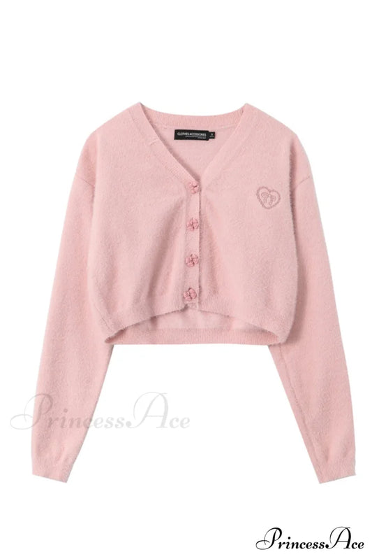 V Neck Color Solid Cardigan Pink / S Cardigans